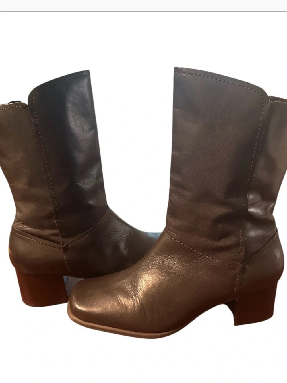 VTG  Brown Leather Boots Y2K Square Toe Mid Calf Chunky Heel Comfort Booties 7